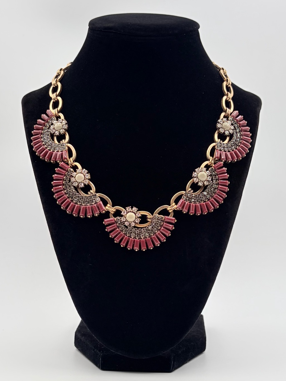 J.Crew Pink Rhinestone Statement Necklace Gold Tone Collar